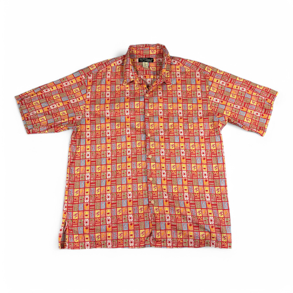 Vintage Tori Richard Hawaiian Shirt Adult EXTRA LARGE Red Aloha Geometric Fish